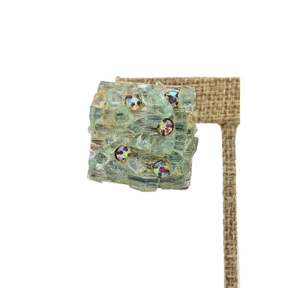 Lori B Vintage Crystal Earrings Pressed Glass Green AB Heavy Signed 1980s Bin4 - Picture 6 of 12